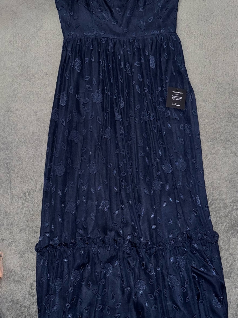 Lulus Navy Blue Floral Jacquard Puff Sleeve Maxi Dress NWT